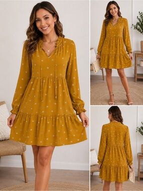 Lucky Brand Dress XL NWT Mustard Medallion Boho Tiered Long Sleeve Peasant Mini